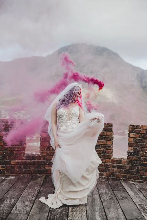 Molteno Couture designer bridal cape town purple hair bride pink smoke castle wedding