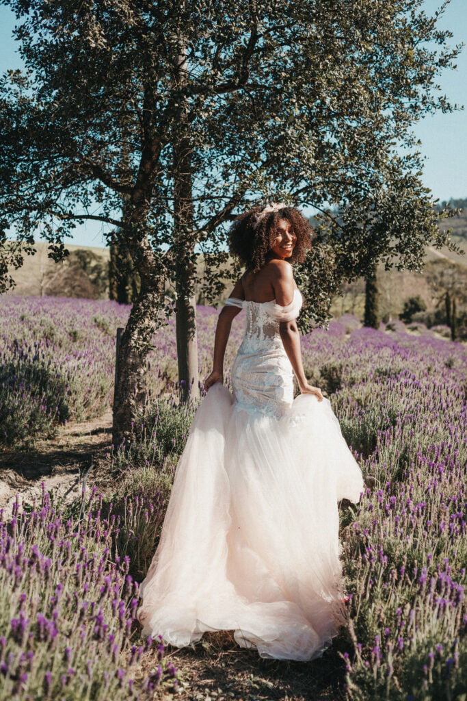 molteno couture wedding dress cape town bridal gown lace detail lavender field outdoor bride pose