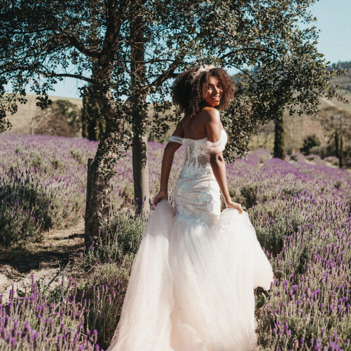 molteno couture wedding dress cape town bridal gown lace detail lavender field outdoor bride pose