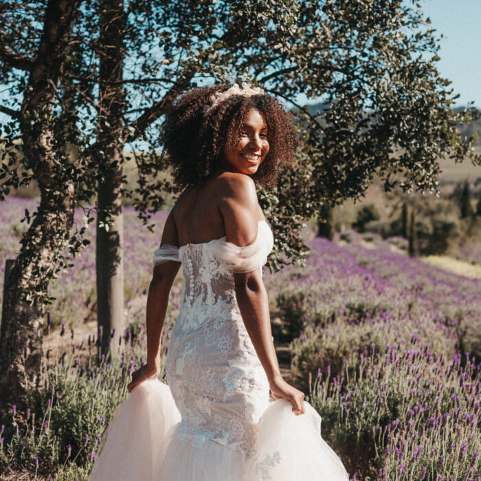 molteno couture wedding dress cape town bridal gown lace detail Tegan Smith photography curly hair bride lavender field bride pose